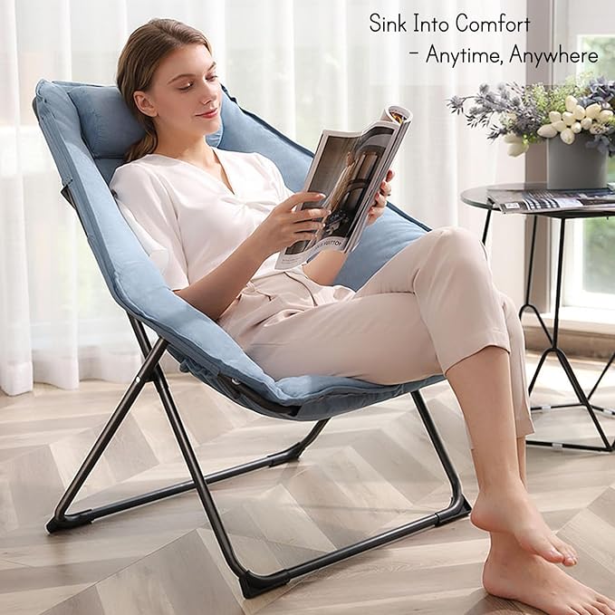 Hexagon Foldable Living Room Chair Saucer Chair for Adults Comfy Bedroom Lounge Chair Moon Chair Lazy Folding Chair for Dorm Rooms(Chair-Blue)