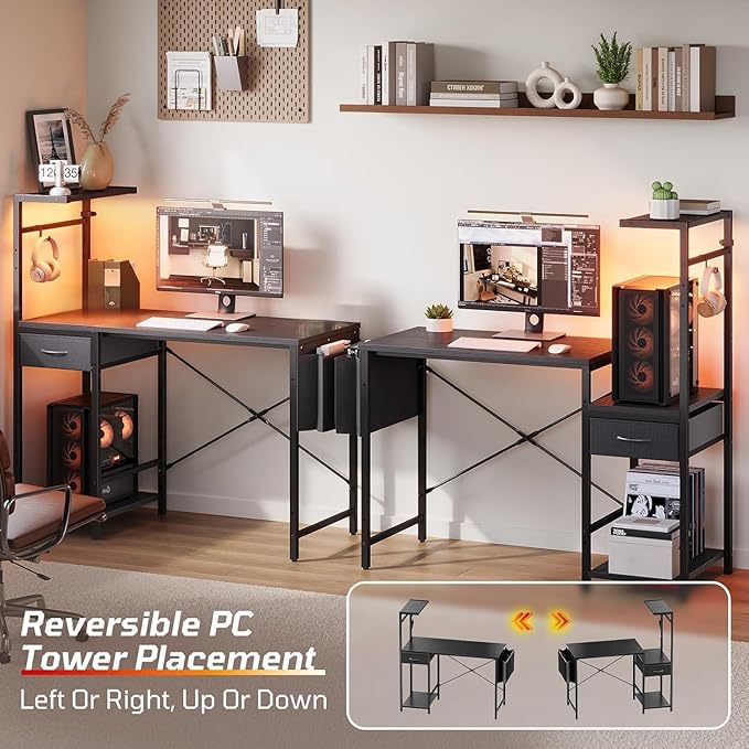 Bestier 44 Inch Gaming Desk for Small Spaces Reversible Computer Desk with Drawers &amp Shelves Modern Gamer Desk Table with Side Bag &amp Headphone Hook for Home Office Black