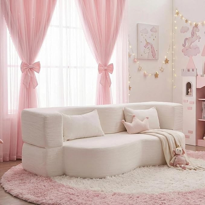 78.35 Loveseat Sofa Bed Modern 2-in-1 Convertible Curved Floor Love Seat Couch Teddy Fabric Memory Foam Cloud Couch with 2 Pillows No Assembly for Living Room Apartment Small Space