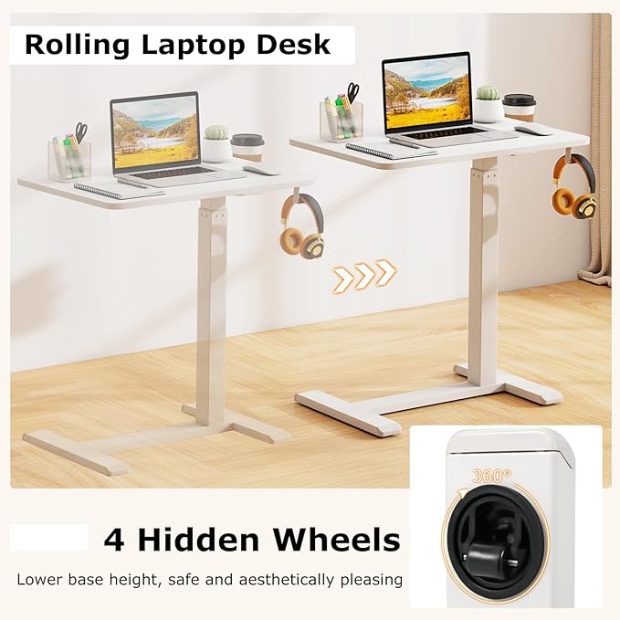 Tangkula Mobile Standing Desk Pneumatic Height Adjustable Rolling Desk with Cup Holder &amp Headphone Hook Overbed Table with Hidden Wheels Laptop Computer Cart for Couch Home Office (White)