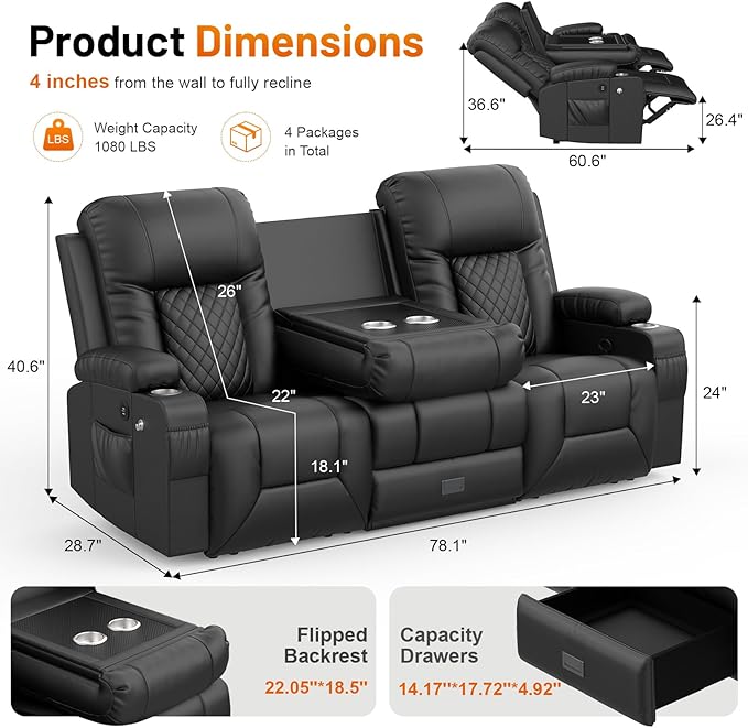 Loveseat Recliner Sofa Modern Dual Reclining Sofa with Flip Back Console 3 Seater PU Leather Loveseat Couch for Living Room/RV with Storage USB Ports Cup Holder Cell Phone Holder Black