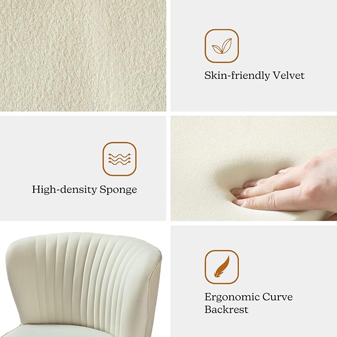 TINA'S HOME Velvet Accent Chair Set of 2 with Metal Golden Legs Upholstered Armless Slipper Chair with Wingback Mid Century Side Chair for Living Room Bedroom Vanity- Ivory