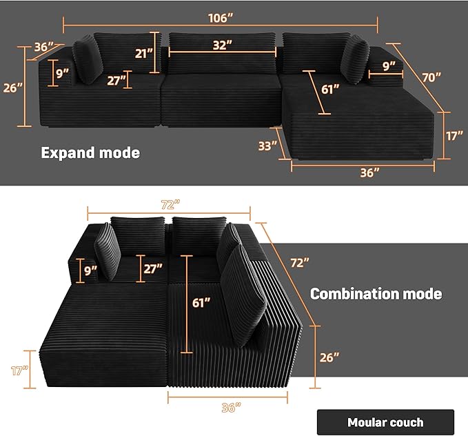 106 Sectional Sofa Couch 4-Piece L-Shaped Cloud Couch with Chaise Modular Sofa for Living Room with Sturdy Metal Frame &amp 5 Pillows Boneless Fluffy Corduroy Deep Seat Couch(Black)