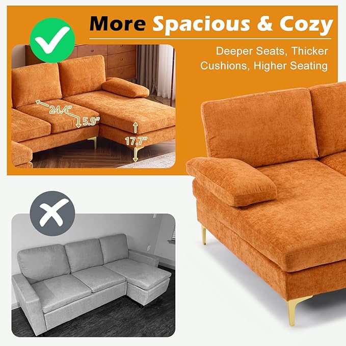 VINGLI 110 Sectional Couches for Living RoomU Shape Couch with Double Chaise 4-Seat Sofa Set with Chenille Fabric for Home FurnitureBurnt Orange