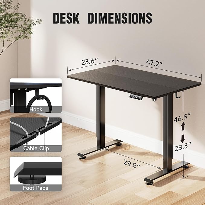 Veken Standing Desk Electric 47.2 Inch Height Adjustable Sit Stand Up Wood Desktop Work Home Office Computer PC Table Tall Standup Workstation Gaming Writing Study Bedroom Rising Desks Black