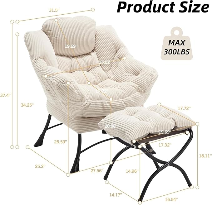 Modern Lazy Chair with Ergonomic Ottoman Comfortable Lounge Chair with Footrest for Space Saving Comfy Reading Armchair for Living Room Bedroom Office White