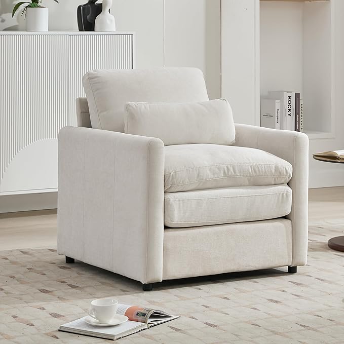 31.9 Oversized Cozy Upholstered Armchair Chenille Fabric Cloud Sofa Double Cushion Single Sofa Plush Cushion Armchair for Living Room Office Apartment (Beige-1c)