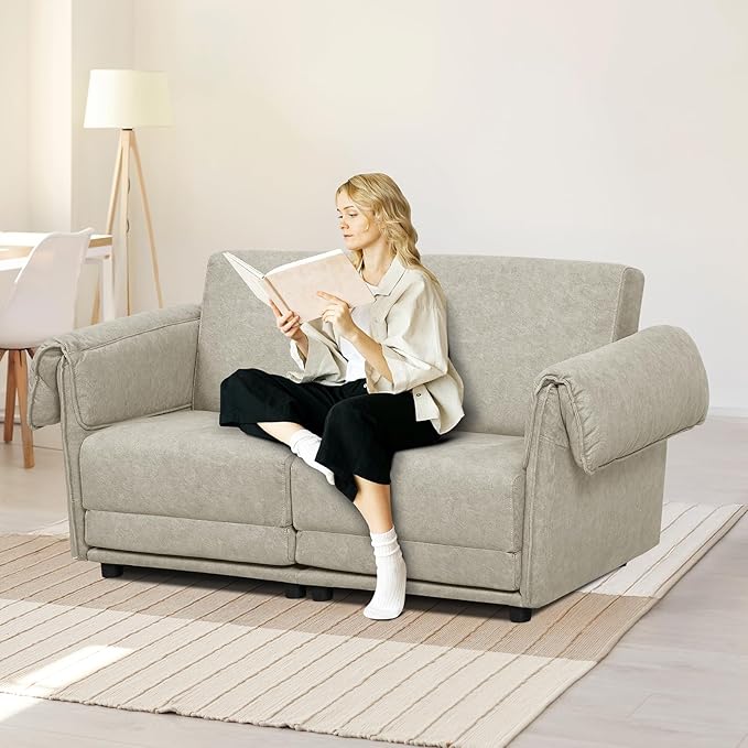 FHFO Loveseat Sleeper Sofa Convertible Couch Bed Loveset Small Couchs for Small Spaces 3 in 1 Pull Out Sofa Bed Modern 65 Comfy Futon Sofa Bed Queen for Living Room Bedroom Apartment (Beige)
