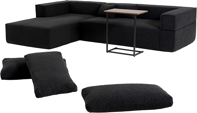 112 Modular Cloud Couch Sectional with Side TableBoneless Couch with Boucle FabricCompressed Foam Sectional Sofa with Left Facing ChaiseL-Shaped Sofa for Living RoomNo Assembly RequiredBlack