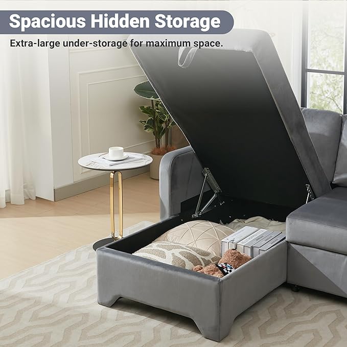 Tbfit 90.6'' 3 in 1 Sleeper Sofa Couch with Storage Chaise Velvet Sofa Bed with Pull Out Bed Convertible Sleeper Sofas for Living Room Small Spaces Grey