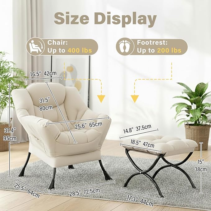 Lazy Chair and Ottoman Large Velvet Beige Accent Chair with a Side Pocket Modern Leisure Upholstered Reading Armchair with Footrest for Office Bedroom Living Room Dorm Rooms Balcony