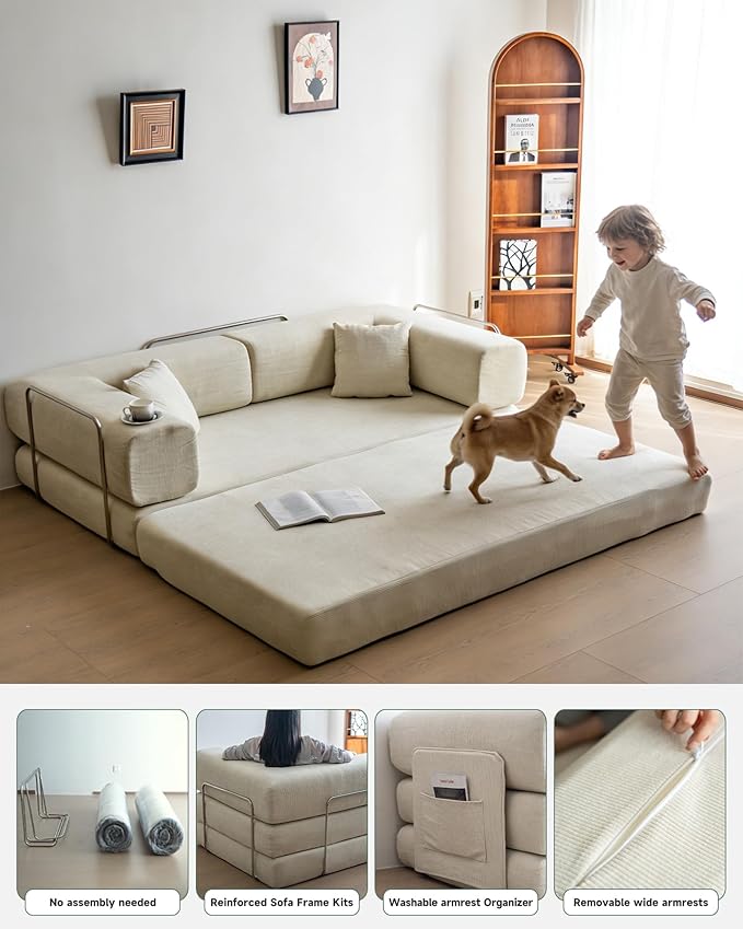 No Assembly Convertible Sofa Bed &amp 79 Boneless Couch with Pocket  5-in-1 Futon Sofa Bed with 2 Pillows Modular Pull Out Couch Bed with FrameCompression in Box for Living Room Small Spaces Beige