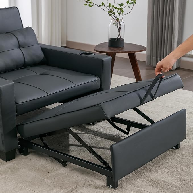 Modern Convertible Sleeper Sofa Bed 3-in-1 Adjustable Futon Couch with Storage &amp Removable Armrests for Apartment Studio Office Small Spaces (Black)