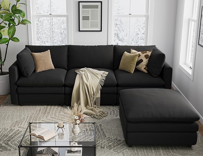 Txtin's Cloud Couches for Living Room L Shaped Sectional Couch with Ottoman Deep Plush 4 Seats Sofa Modern Sofa for Apartment Black