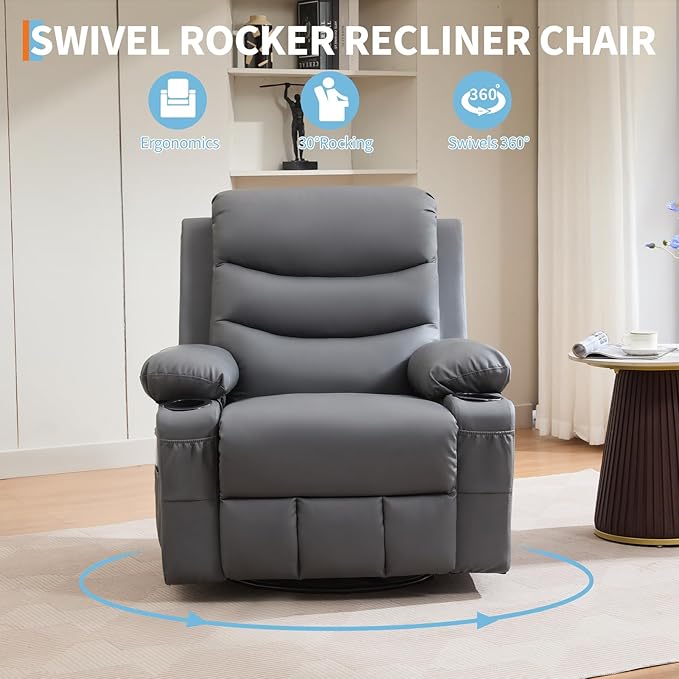 IDEALHOUSE Rocker Recliner Chair with Massage and Heat Swivel Reclining Sofa with Cup Holder Side Pockets Front Pockets Rocking Chair for Living Room Bedroom Nursery (Grey PU Leather)