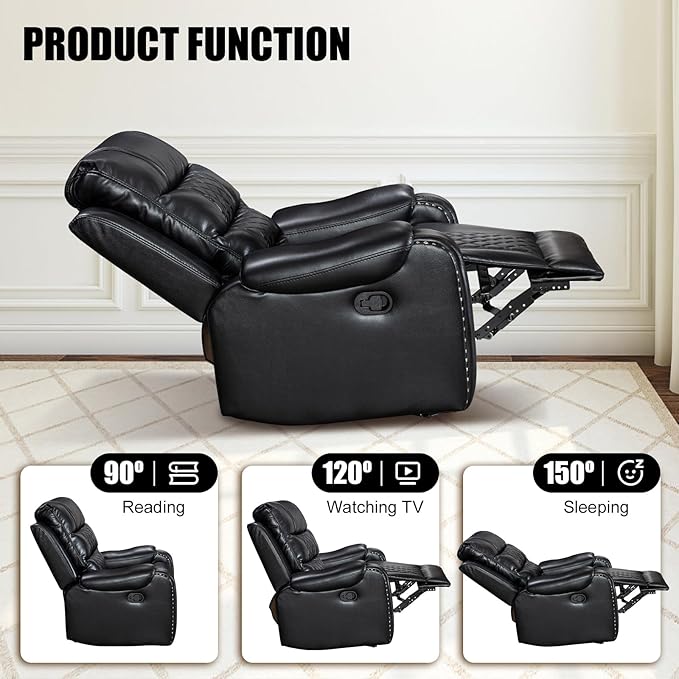 Manual Rocking Recliner Chair 36 Wide Black PU Leather with Diamond Stitching 350 lbs Capacity 90-165° Recline (Black)