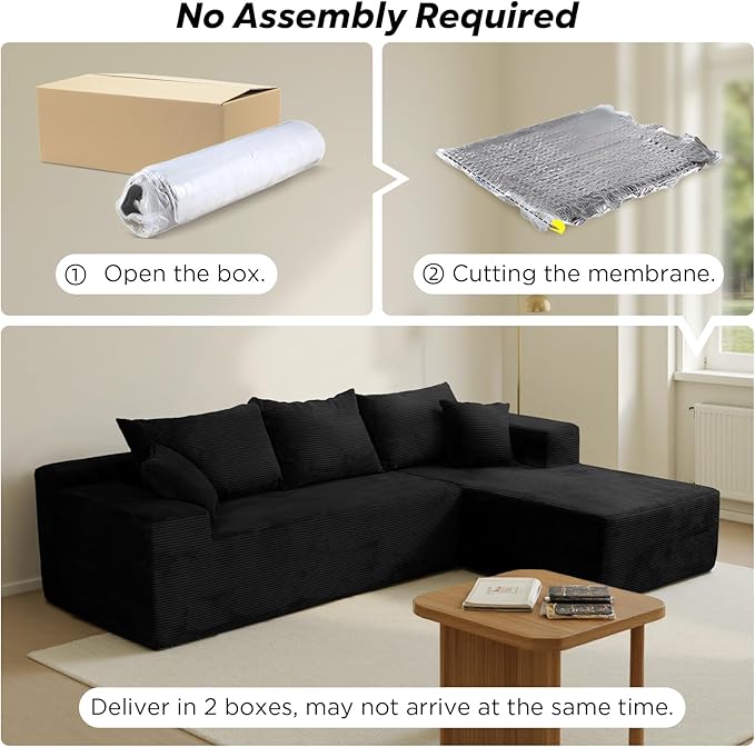 Black 103“ Cloud Couch Sectional Sofa in Box with L-Shape ChaiseModern Modular Couches Upholstered with Deep Seat for Living RoomNo Assembly Required