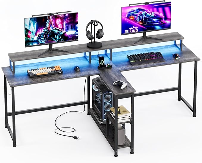 MUTUN Two Person Desk with LED Light 83.7 Inch Computer Office Double Desk with Monitor Stand and Power Outlets Rustic Writing Table Workstation with Shelves Long Desks for Home Office Grey