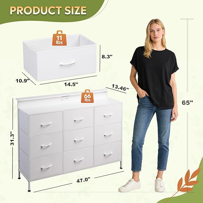 White TV Stand for 45 50 55 inch TV TV Media Console Table with LED Lights &amp Charging Station Entertainment Center with 9 Fabric Drawers and Open Shelves for Living Room Hallway