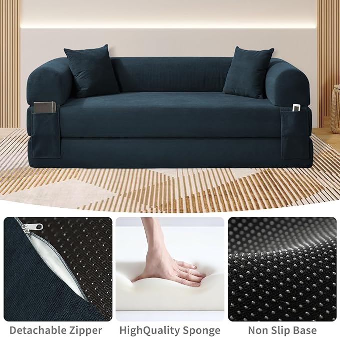 KBQ 3-Seat Convertible Sleeper Sofa Bed with 2 Pillows Corduroy Folding Mattress Couch Floor Sofa Lounge Couch for Living Room Bedroom Lounge Studio Navy Blue