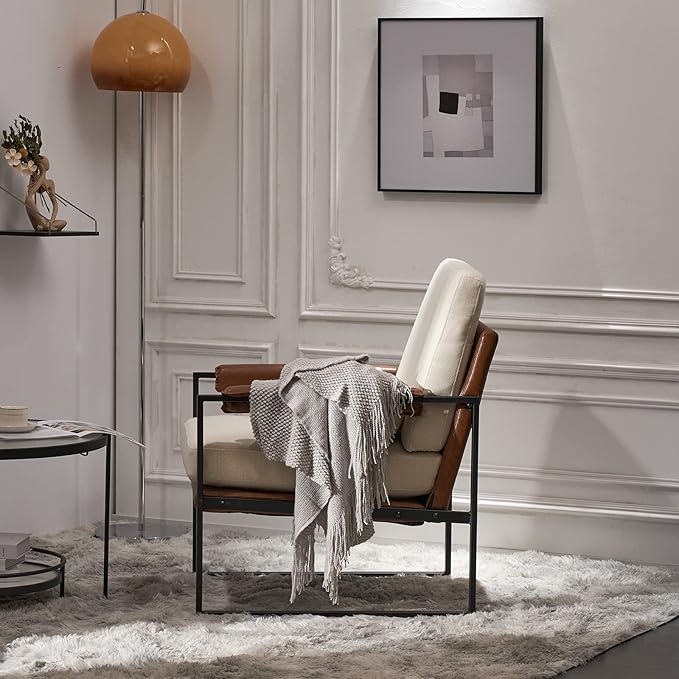 JOYBASE Modern Accent Chair Mid Century Modern Chair Armchair Metal Frame Comfy Reading Chair Lounge Arm Chair for Living Room Bedroom (Beige &amp Brown Linen)