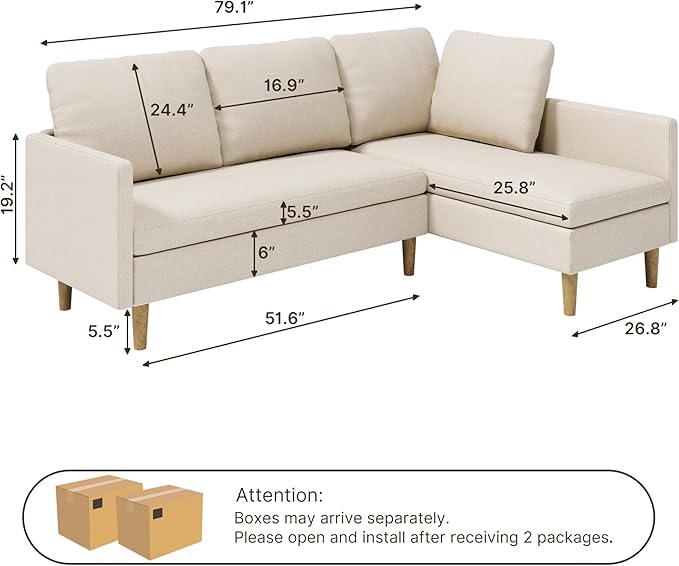 Gizoon 4-Seat Sectional Couch Convertible Sofa Bed 79.1'' L-Shape Sofa Bed with Comfortable Fabric Deeper Seat Comfy Seat Cushion for Living Room Apartments Office Beige
