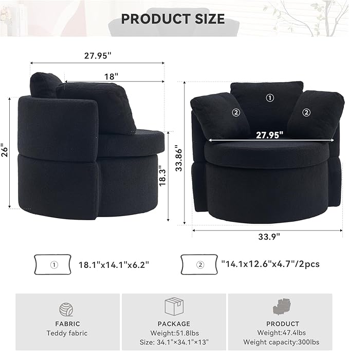 FOXHUNTER Swivel Barrel Chair 360 Degree Swivel Round Storage Chair with 3 Pillows Oversize Teddy Swivel Accent Chair Comfy Single Sofa Chair for Nursery Living Room Bedroom (Black)