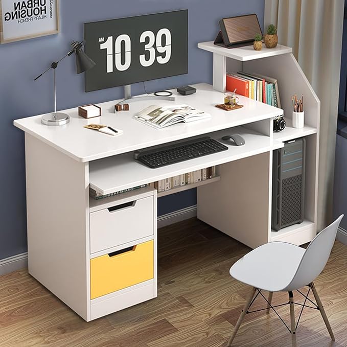 Computer Desk with 3 Hutch Shelves Room Desk for Bedroom Study Table with Keyboard Tray and 2 Drawers Desk for Bedroom Daily Home Office Desks Gaming Desk with Wide Desktop White