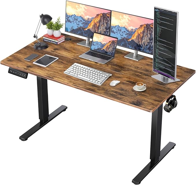 55 x 24 in Electric Standing Desk - Memory Height Adjustable Ergonomic Sit-to-Stand Rising Computer Table Gaming Workstations with 2 Hooks and Wire Hole for Home Office Brown