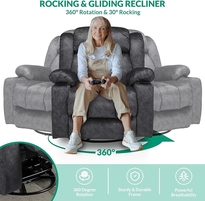 VIVIJASON 360° Swivel Rocker Recliner Chair for Adults Overstuffed Manual Glider Rocker Recliner with Heat &amp Vibration 2 Cup Holders Side Pockets &amp USB Ports for Living Room Plush Gray