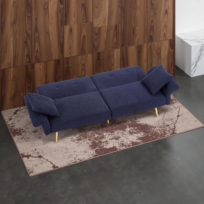 69.5 Convertible Futon Sofa Bed with Adjustable Backrest and Armrests Teddy Upholstered Loveseat Sleeper Couch with 2 Pillows and Metal Legs Love Seat for Guest Room Living Room (Dark Blue)