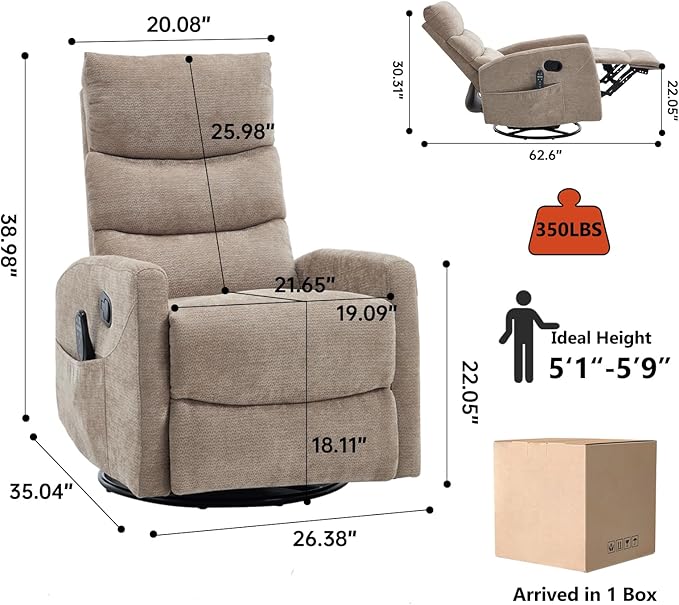PELUMY 360° Swivel Rocker Recliner with Heat &amp Vibration Massage Glider Rocking Chair for Adults Compact Recliner for Living Room Small Spaces Nursery Bedroom (Chenille Khaki)