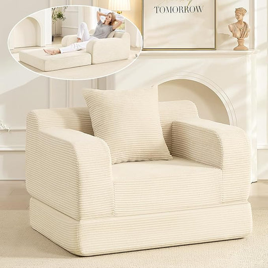 wanan 40 W Folding Sofa Bed 2-in-1 Convertible Bed Sofa to Boneless Sleeper Chair for Adult Comfy Armchair with Back Support Armrests and Pillow for Living Room Bedroom Single Beige | Easy-Conv