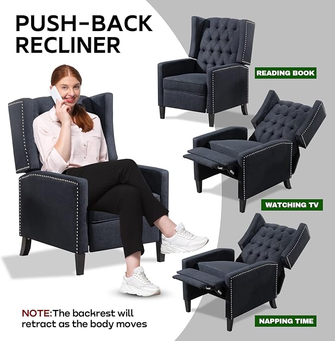 Black Mid Century Modern Recliner Wingback Accent Chair with Push Back Mechanism Button Tufted Fabric Sofa &amp Nailhead Trim - Comfy Living Room Seating for Home Theater Office