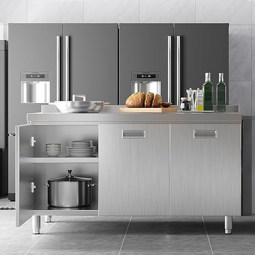 ZZV 55 x 21 Stainless Steel Table Cabinet for Prep &amp Work Heavy Duty Prep Table with 3 Pull-Out Doors Commercial Workbench with Cabinet for Kitchen Restaurant Hotel Garage and Warehouse