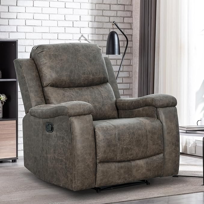 EBELLO Grey Recliner Chair Single Overstuffed Sofa Recliners Breathable Faux Leather Manual Reclining Chairs with Hidden Cup Holder Arm and Back for Adults Living Room Bedroom Grey