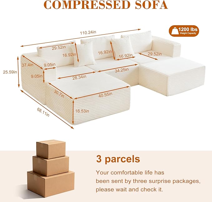 110 Corduroy Boneless Couch for Living Room with 2 Ottomans Convertible Modular Cloud Sofa with Deep Seats Ergonomic Memory Foam U Shaped Sectional Couch No Assembly Required (Beige)