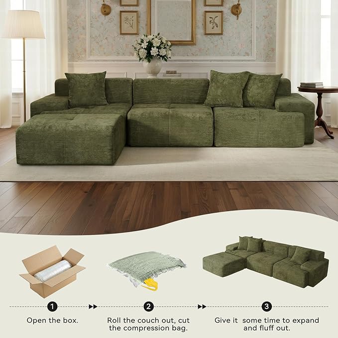 117 Modular Sectional Sofa Couch Chenille Upholstered Boneless Couch Oversized L-Shaped Cloud Sectional Couch with Ottoman &amp Deep Seating No Assembly Green