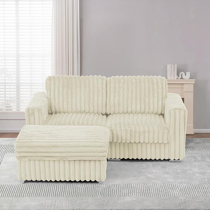 72 L-Shape Corduroy Sofa with Movable Ottoman Upholstered Seational Sofa with Stable Feet Deeper 2 Seats Couch with Thickened Seat Cushions for Living Room Bedroom Office Beige