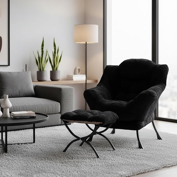 Welnow Lazy Chair with Ottoman Modern Accent Chair with Armrests and a Side Pocket Leisure Sofa Armchair Reading Armchair with Footrest for Small Space Plush Black