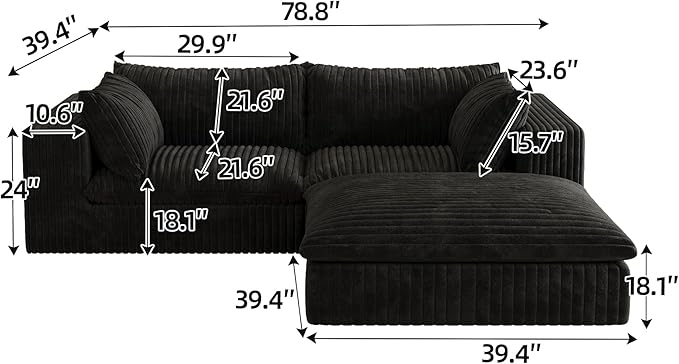 Modular Boneless Sofa with Ottoman 78.8 Loveseat Cloud Sectional Couches for Living Room Deep Seat Corduroy Upholstered Couch Furniture Set No Assembly Required(Black Loveseat+1 Ottoman)