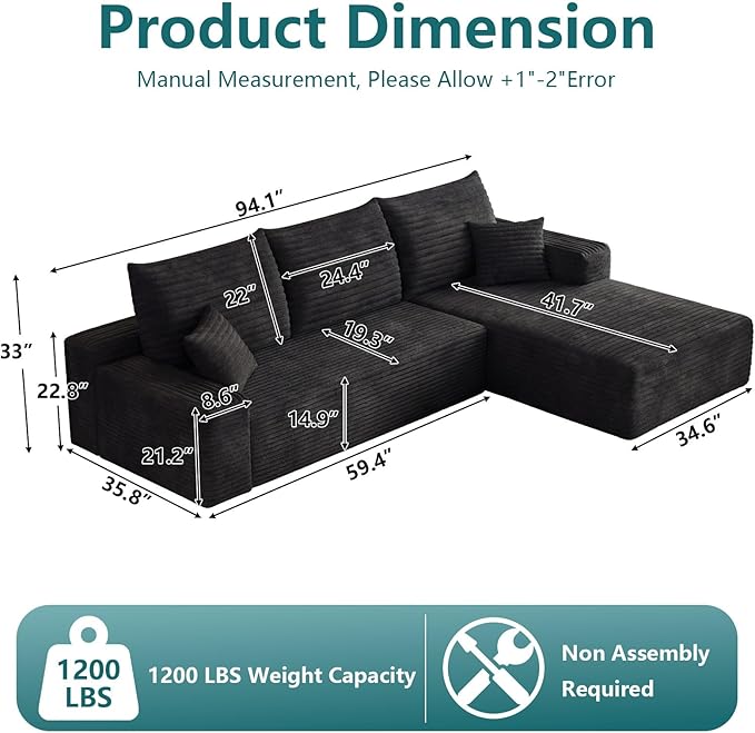 95 Modular Sectional Couch Boneless L Shaped Cloud Sofa with Chaise Lounge Corduroy Upholstered Couches Memory Foam Deep Seat No Assembly Required Ideal for Living Room(Black Right Facing)