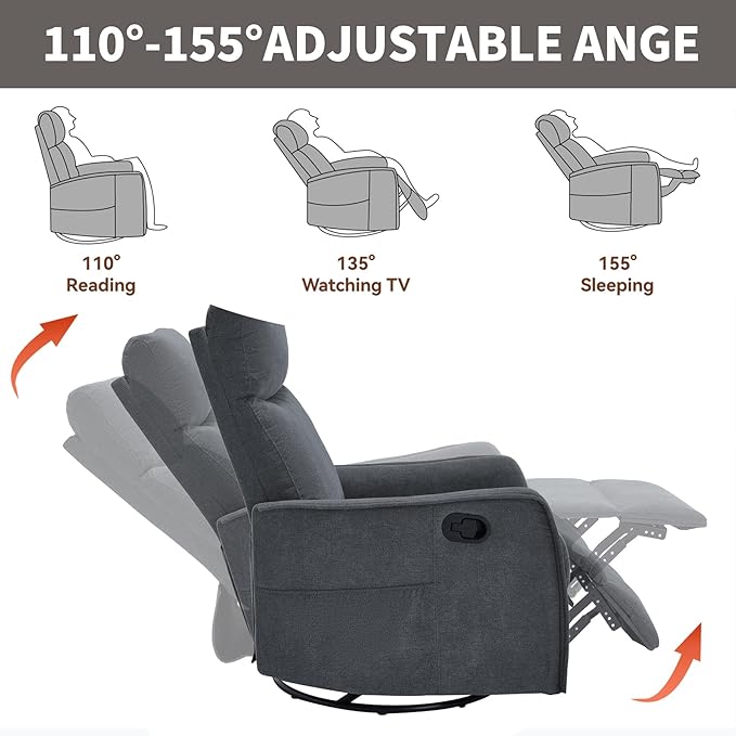 Massage Chair Recliner with Heat Swivel Rocking Chair Recliner with High Back Manual Lazy Boy Recliners for AdultsSmall Recliner Chair for Small Spaces Living Room Bedroom Fabric (Grey)