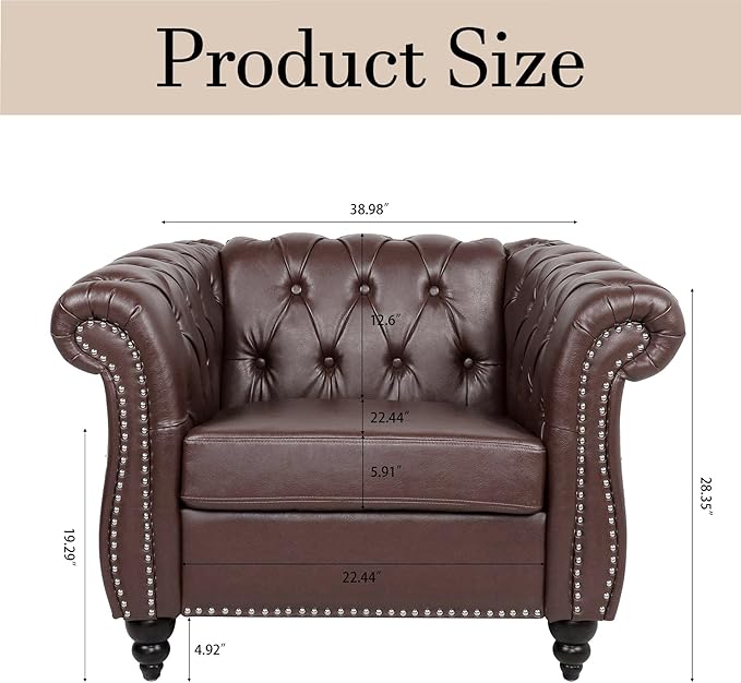 Oversized Chesterfield Chair PU Leather Accent Chair with Tufted Back Club Chair for Living Room Bedroom Gothic Victorian (Brown)