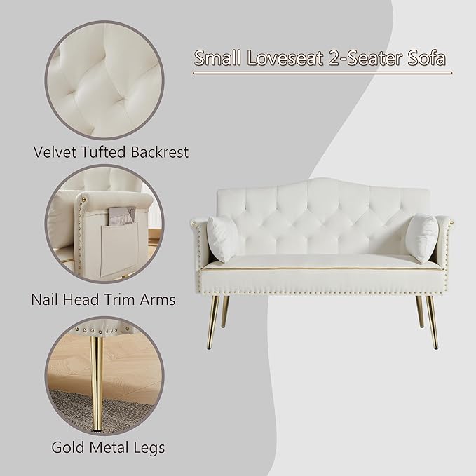 Velvet Loveseat SofaSmall 2 Seater Couch with Nailhead Trim and Side Pockets for Living Room Apartment (Cream White)