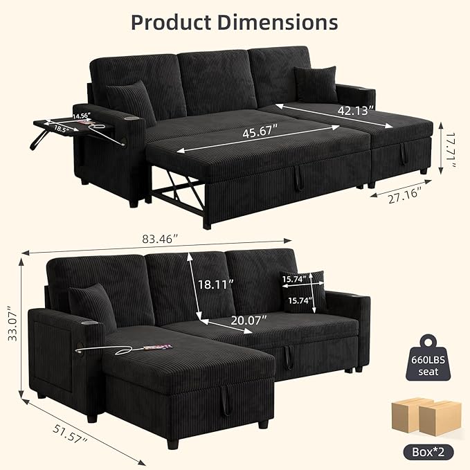 L-Shape Sleeper Sofa with Pull-Out Couch Bed Storage &amp Ports Cup Holders Side Pockets &amp Side Table for Living Room Apartment Jet Black