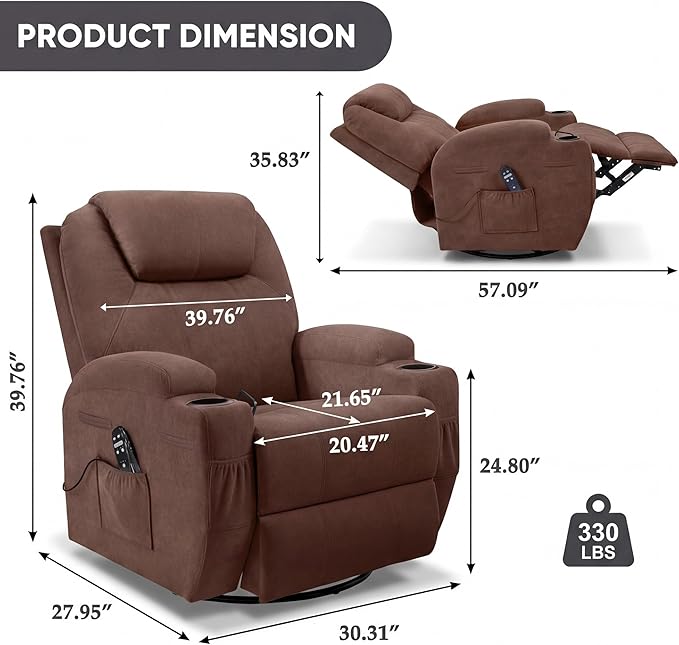 Flamaker Swivel Rocker Recliner for Adults 360 Glider Rocking Chair with Vibration Massage Upholstered Recliner Chair with 2 Cup Holders &amp Side Pockets for Living Room Nursery (Leathaire Brown