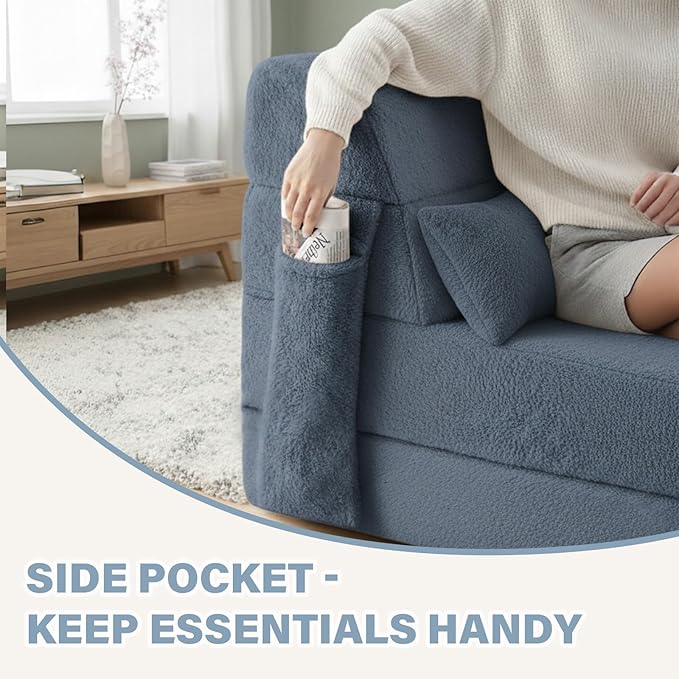 Tiita Convertible Folding Sofa Bed Single Size for Adults with Pillow Plush Fabric Floor Mattress Couch Bed Washable Cover &amp Side Pocket Guest Room Dorm Apartment Living Room Blue Gray