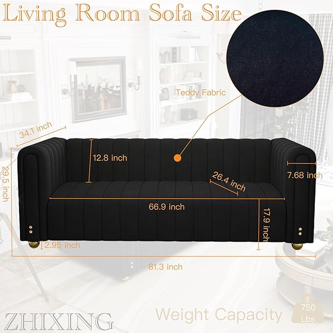 81.3 Modern Black Velvet Couch for Living Room Upholstered Comfy 3 Seater Office Sofa with High Armrest and Gold Metal Legs (Black 81)