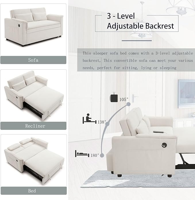 55 Convertible Futon Sofa Bed Velvet 3 in 1 Sleeper Sofa Pull Out Couch with USB Ports &amp 2 Waist Pillows Adjustable Backrest Loveseat Sofa Couches for Living Room Apartment Bedroom Cream